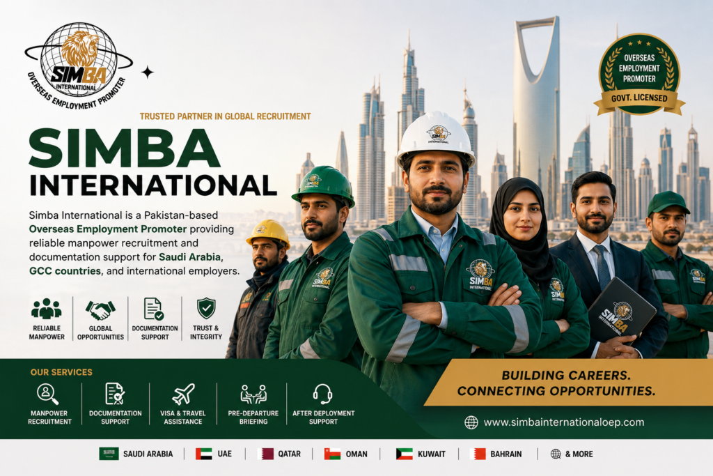 Pakistani engineers, workers, welders, drivers, and office staff standing professionally with Gulf skyline background